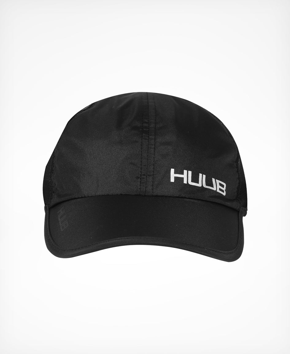 HUUB Race Cap II – mesh, flat panel, race running cap in Coral, White, or Black, ultra-lightweight and adjustable.
