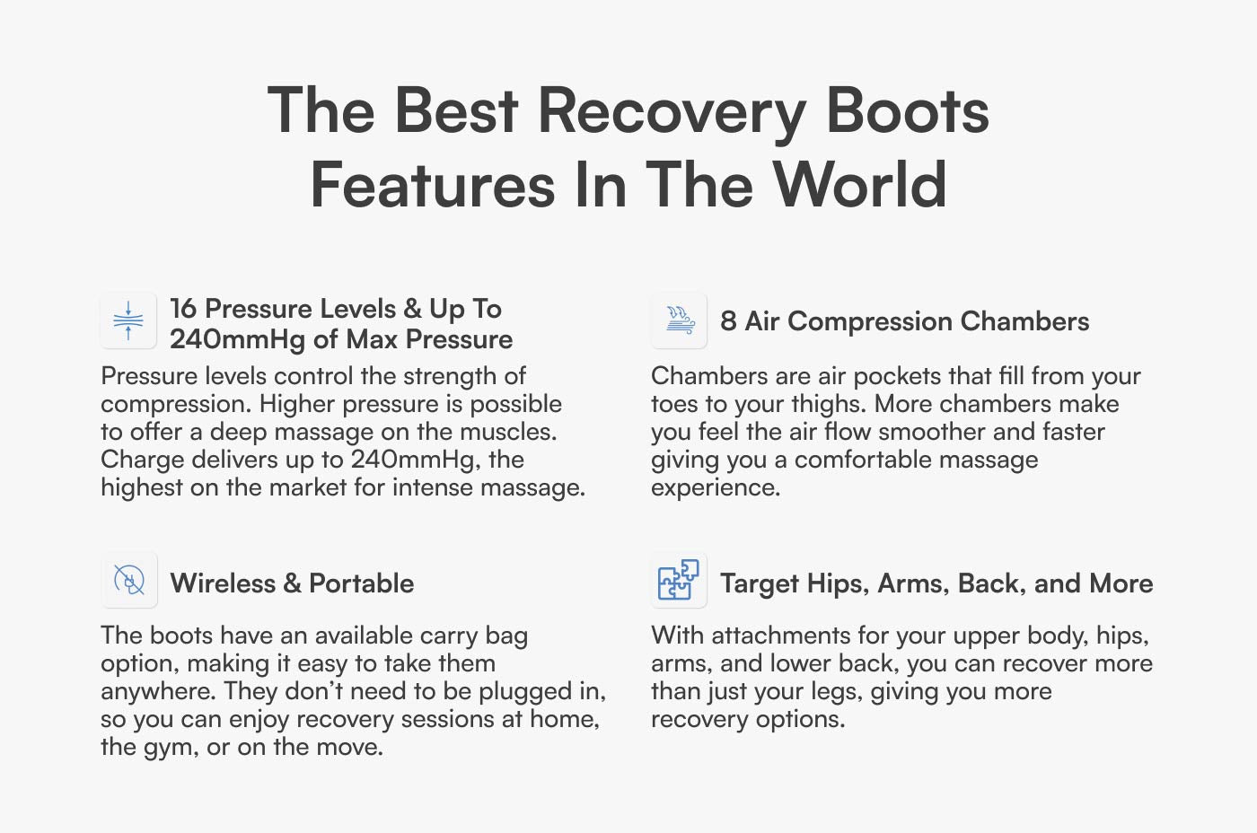 Aerify Charge Compression Boots wireless portable recovery with 8 chambers and 240mmHg max pressure