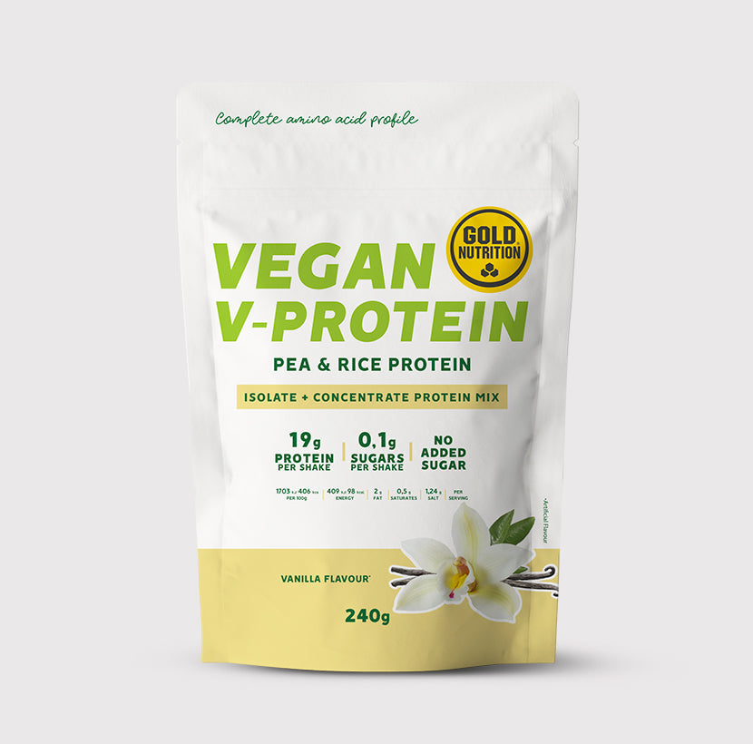Vegan V-Protein GoldNutrition, plant-based protein powder with pea and rice protein for muscle recovery