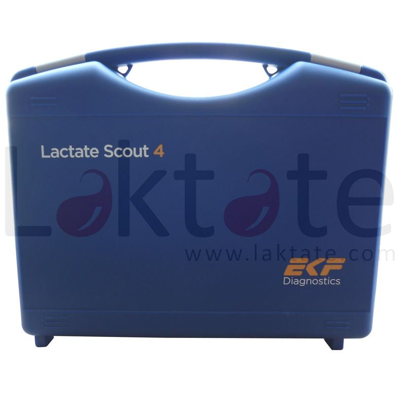 EKF Lactate Scout Sport Field Case portable blood lactate analysis kit open showing analyzer, strips, lancets, cleaning supplies and software
