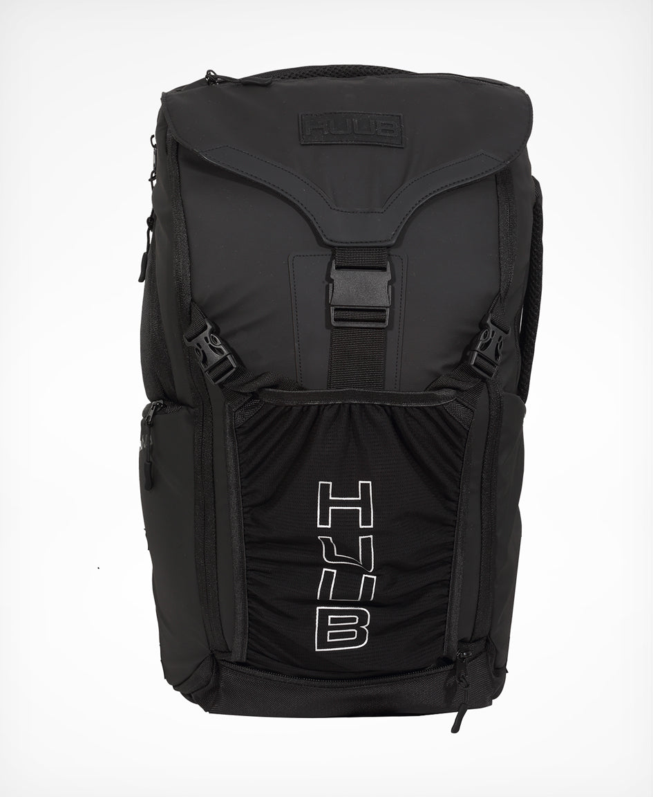 HUUB Travel Backpack – 24L commuter laptop bag, waterproof, helmet net, large clam opening, side handles
